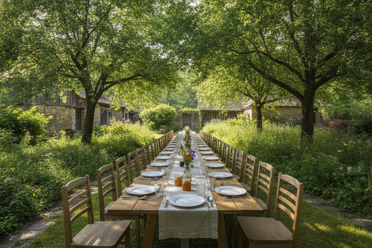 Bahçede ağaçların altına kurulmuş, ucu ucuna uzayan ahşap kahvaltı masası